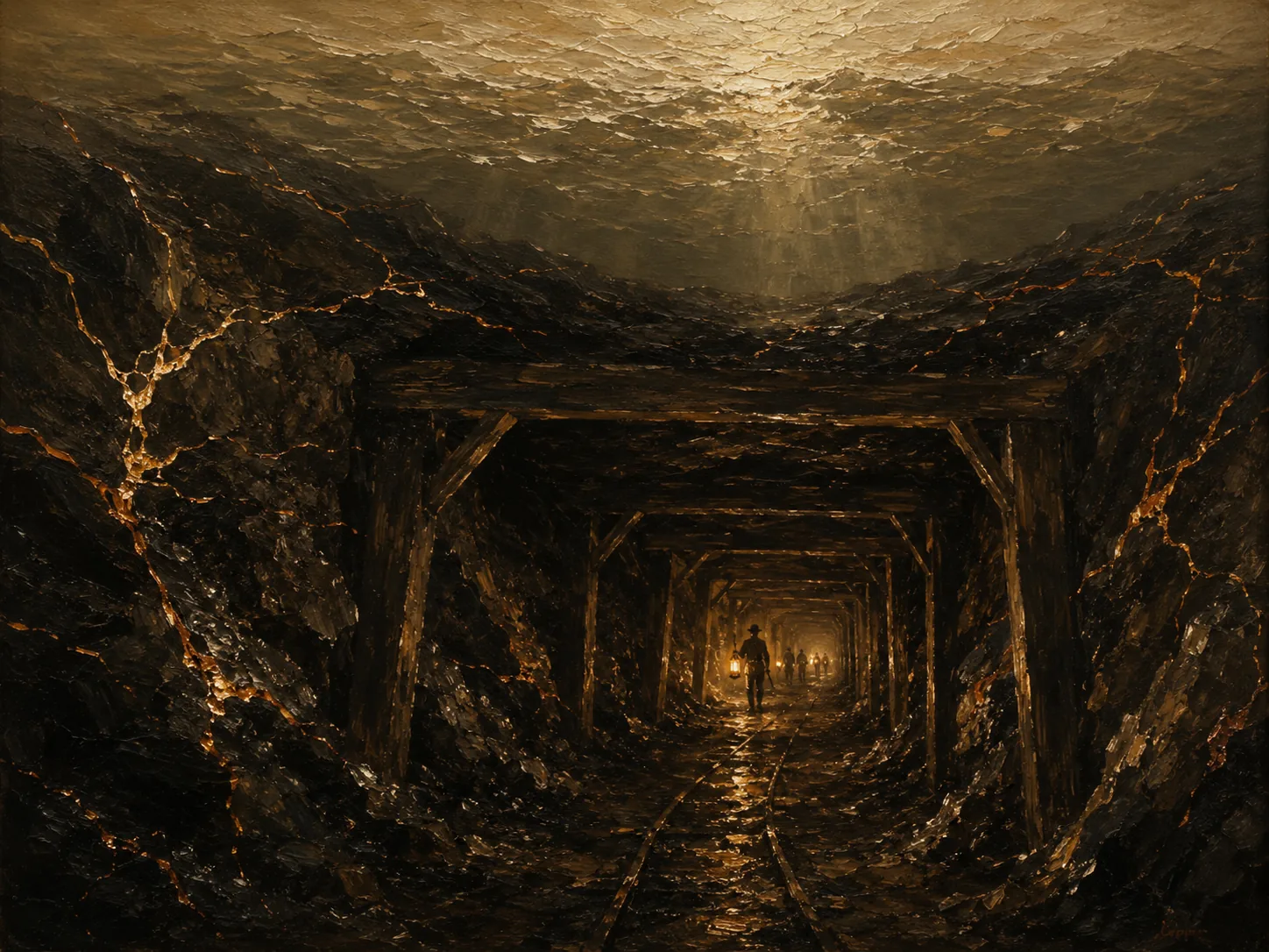 Galería de mina de carbón del siglo XIX descendiendo bajo el océano, sostenida por vigas de madera e iluminada por lámparas de aceite, con vetas doradas en la roca