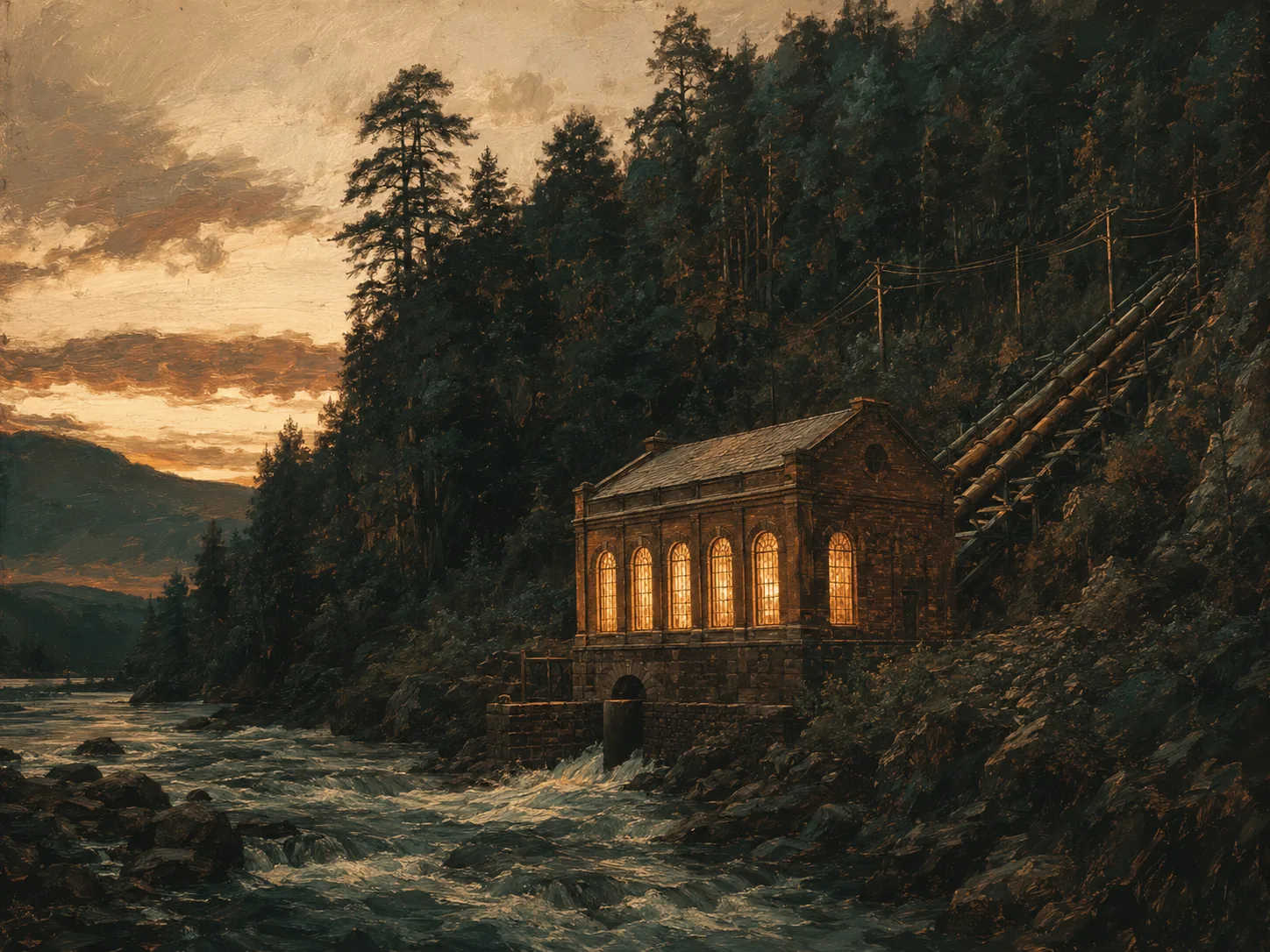 Casa de máquinas de ladrillo de la central Chivilingo junto al río, entre bosque, con sus ventanales encendidos al atardecer
