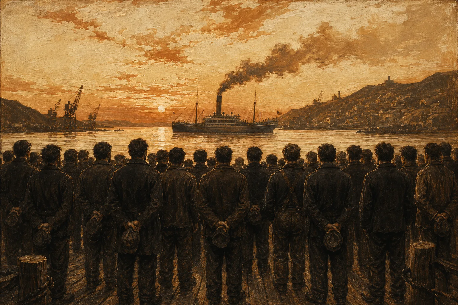 Vista de la bahía de Lota desde el mar al atardecer: el perfil de la costa carbonífera con sus edificios de mina y el cerro boscoso reflejados en el agua quieta