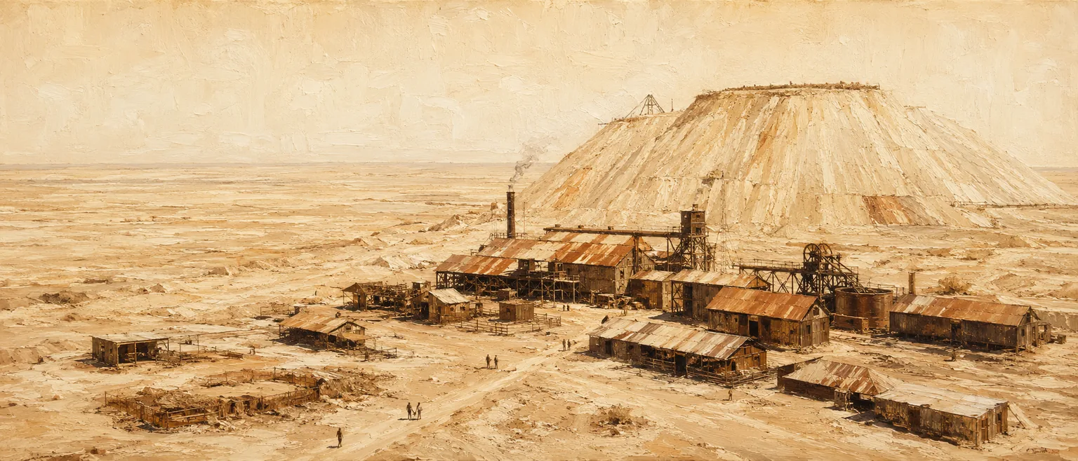 Vista panorámica de una oficina salitrera en el desierto de Atacama: galpones de calamina y una enorme torta de ripios bajo el sol blanco, con figuras humanas diminutas