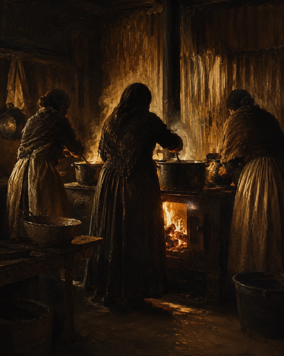 Tres mujeres de espaldas cocinando en una cocina pampina de madrugada, iluminadas únicamente por el fuego de la cocina a leña
