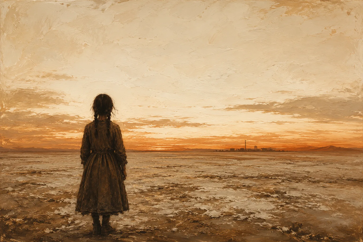 Figura de una niña de espaldas, de pie en el borde del desierto de Atacama, mirando hacia el horizonte blanco del caliche bajo un cielo de polvo